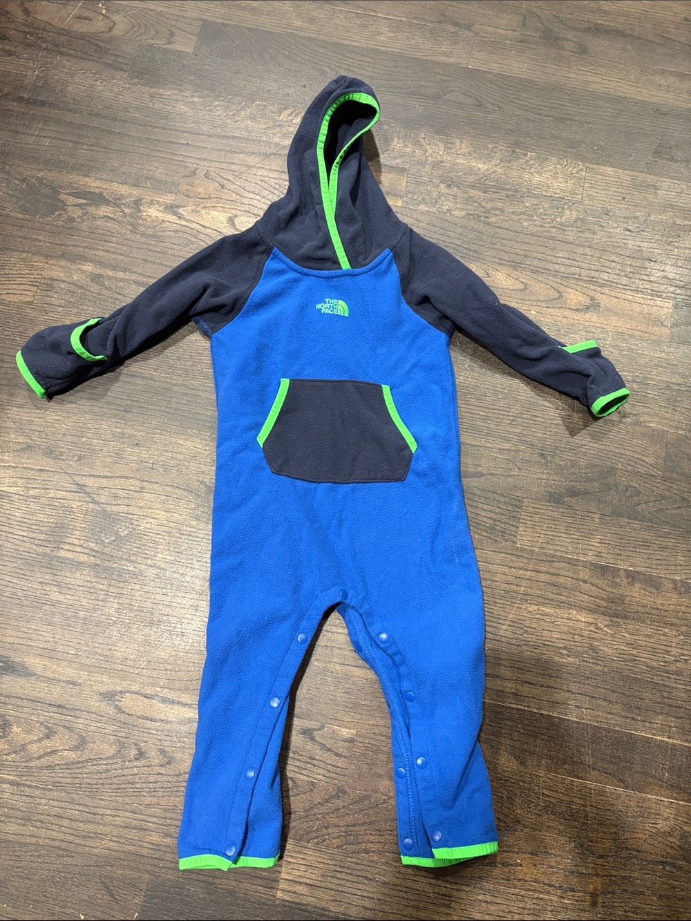The North Face Blue & Navy Fleece Hooded One-Piece with Green Trim